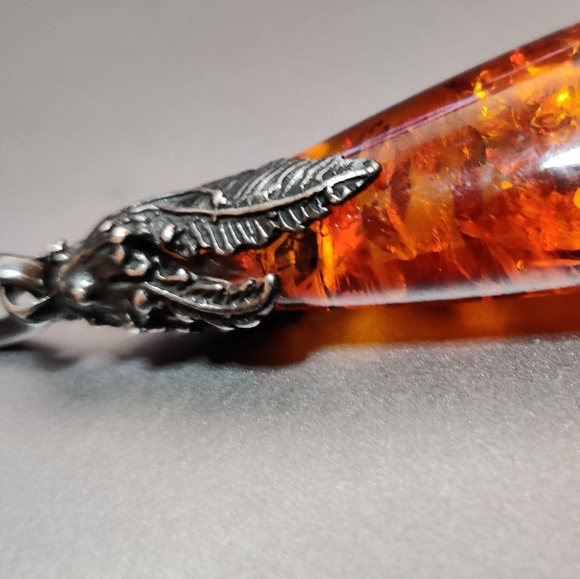 Art Nouveau Style Amber Pendant Silver Necklace - Picture 14 of 14